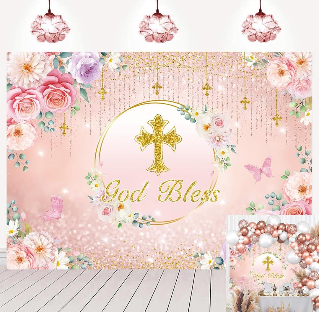 God Bless Pink Floral Backdrop Rose Gold Glitter Cross Girls First Communion Baptism Photography Background Newborn Christening Party Decorations Banner Photo Props (7x5FT)
