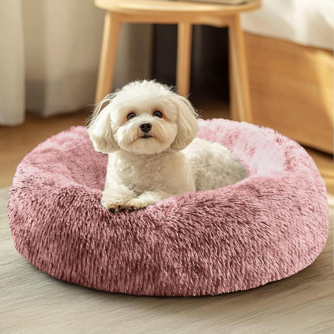 JOLLYVOGUE Calming Dog Bed Medium Size Dog, Anti-Anxiety Donut Medium Pet Bed, 27 inches Fluffy Faux Fur Round Cat Bed (Peach Pink)