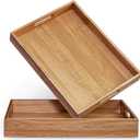 Acacia Wood Serving Tray with Handles Set of 2 Decorative Serving Trays Platter for Breakfast in Bed, Lunch, Dinner, Patio, Ottoman, Coffee Table, BBQ, Party Great for Lap &Couch