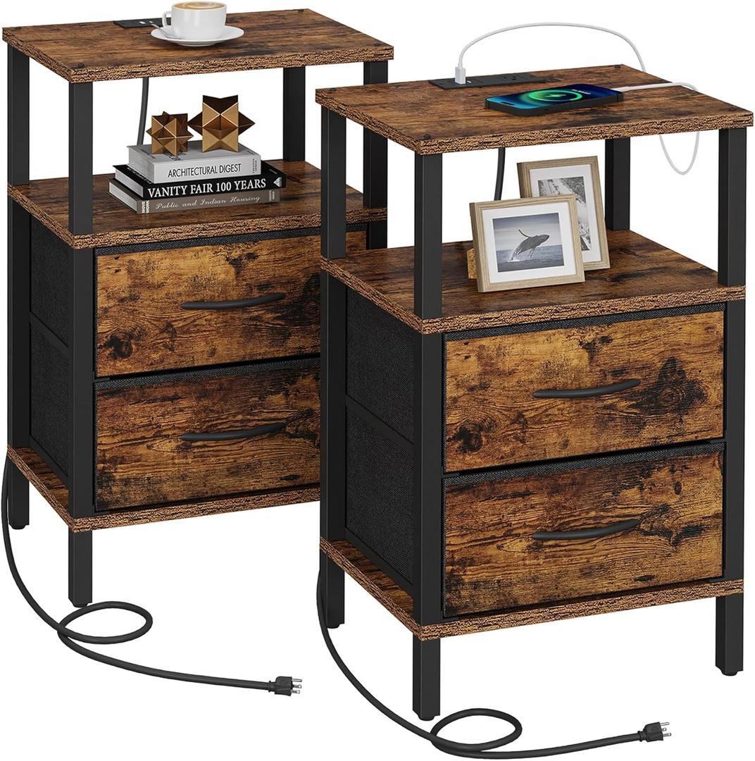 TUTOTAK End Table with Charging Station, Side Table with 2 USB Ports and Outlets, Nightstand with Cloth Drawer, Set of 2, Couch Table, Brown TB01BB067
