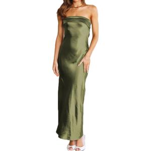 Realtix Satin Silk Backless Tube Tops Maxi Dress for Women Low Back Hollow Out Elegant Strapless Long Dresses Wedding Guest (Medium, Olive)