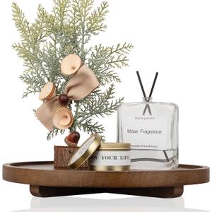 Round Decorative Tray Wood Bathroom Counter Organizer Farmhouse Kitchen Decor Wooden Riser for Soap Dish, Perfume, Candle, Sponge, 12" - Walnut
