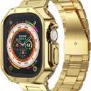 Compatible with Apple Watch Ultra 3/2/1 Band and Case, Stainless Steel Metal Chain with TPU Cover, Smart-Watch Link Bracelet Strap for men, Wrist-Band for i-Watch Ultra, 49mm, Gold