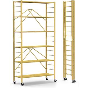 Himix 6 Tier Foldable Storage Shelves, Expandable Folding Bookshelf with Wheels, Changeable into 2 Shelf Units, Collapsible Adjustable Storage Rack Metal Shelves for Garage Kitchen, Basement, Gold