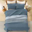 Litanika Super King Quilt, 3 Pcs Blue and Linen Stripe Bedding Set