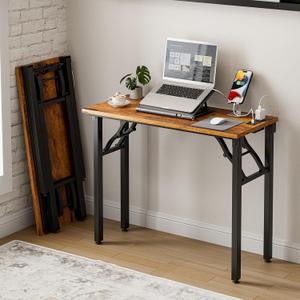 Frylr Small Folding Computer Desk – 35.8 Inch Portable Table for Craft and Study, Lightweight Desk for Small Spaces, Foldable Laptop Table Built-in AC/USB Outlets for Convenience, Rustic Brown, 35.8 X 15.7 Inch
