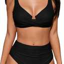CUPSHE Women's Bikini Sets High Waisted Swimsuit Underwire Adjustable Straps Twisted Hook Full Coverage Bottom (Large, Black)