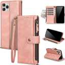 Compatible with iPhone 12 Pro Wallet Case with Card Holder RFID Blocking Zipper Poket PU Leather Flip Phone Case with Wrist Strap Credit Card Slots Men Women,for Apple 12 6.1",Rose Pink