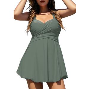 COCOPEAR Women's Elegant Crossover One Piece Swimdress Floral Skirted Swimsuit (Army Green)