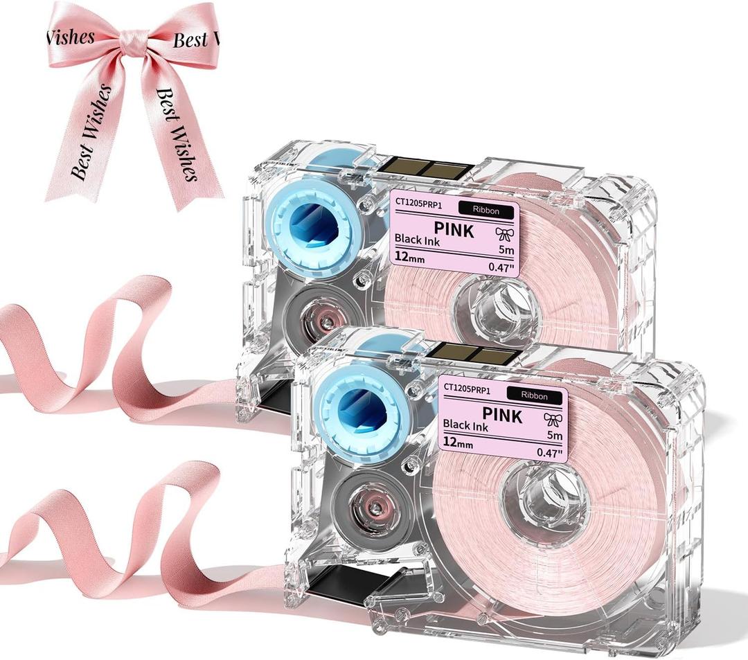 Phomemo A30 P15 Exclusive Embellish Black Print on Pink Satin Ribbon, Fabric Ribbons for Gift Wrapping, Wedding Bouquets, DIY Crafts, Mother's Day, Party Decor, 12mm x 5m, 2 Packs