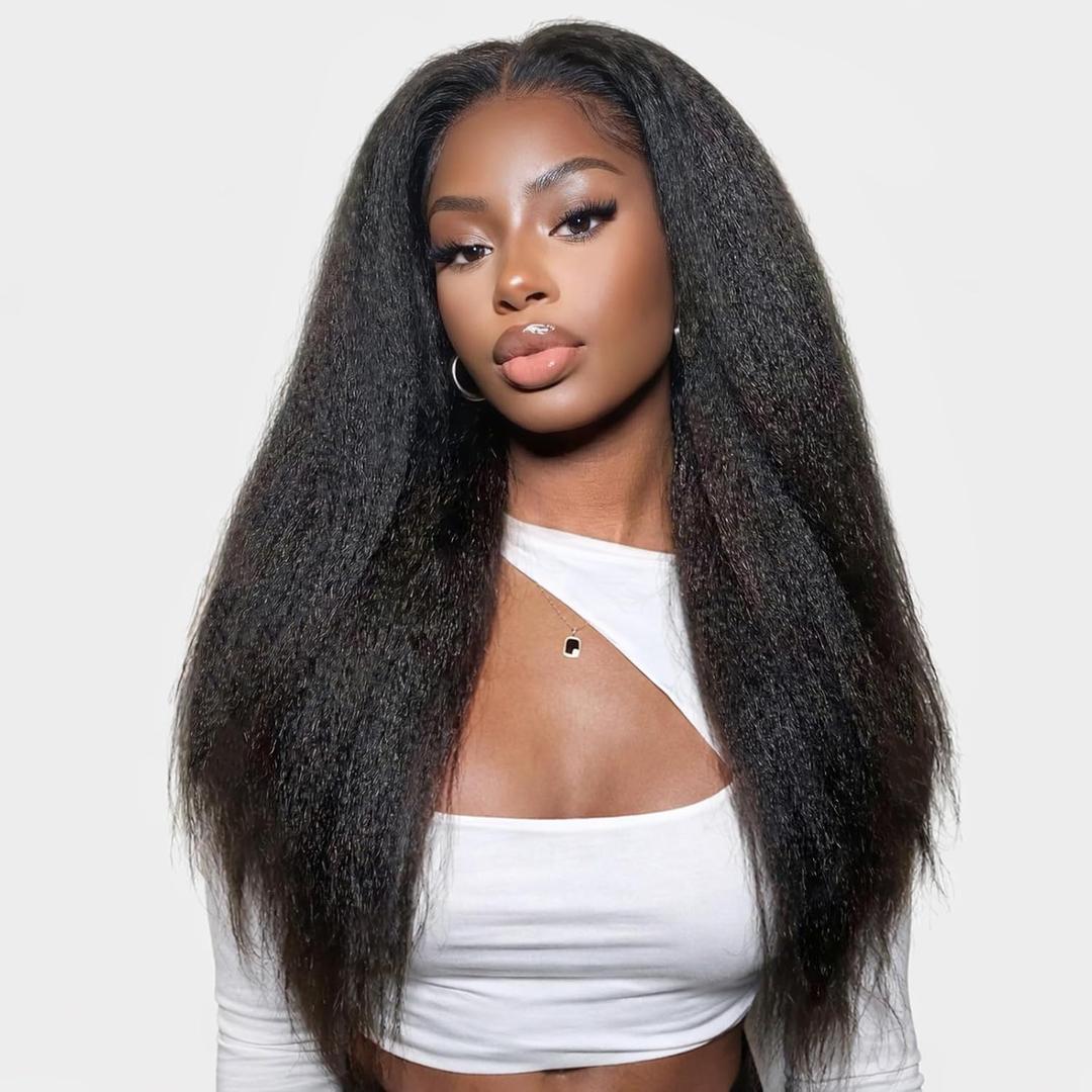 Kinky Straight Pull Go Full 13x6 Lace Front Wigs Human Hair 210% Density Glueless Wear Go Wigs Pre Plucked Pre Cut HD Lace Frontal Drawstring Wig Yaki Straight Wig for Black Women 30 Inch