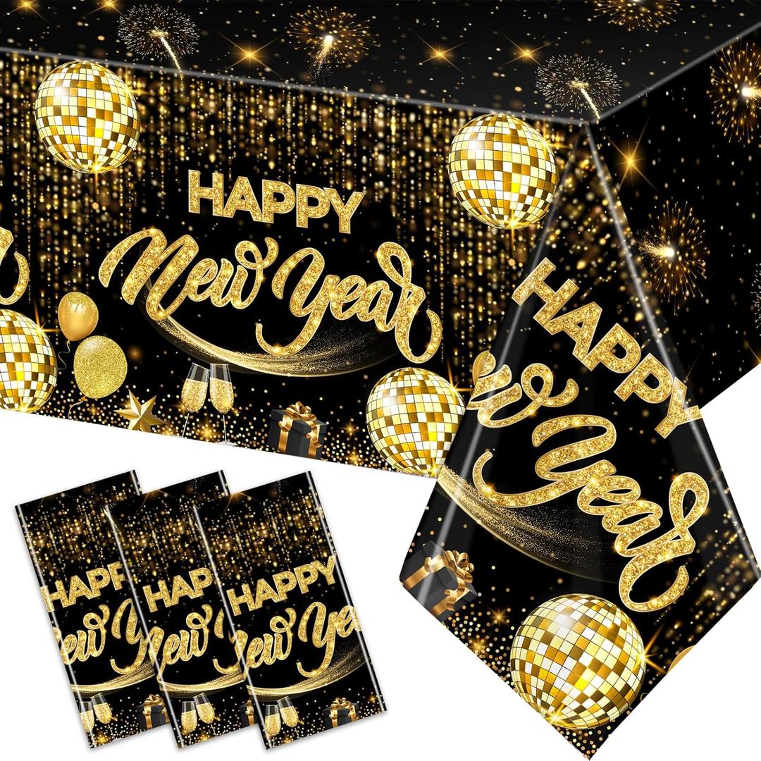 GREHUMOR Happy New Year Decorations 2026 Happy New Year Tablecloth 3 Pack New Years Eve Disposable Plastic Tablecovers NYE Theme Party Supplies for New Years Eve Holiday Party Decor