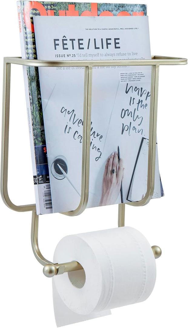MyGift 2-in-1 Bathroom Magazine Rack with Toilet Paper Holder, Wall Mounted Bathroom Magazine Holder, Modern Brass Tone Metal Magazine Organizer Storage for Home or Office