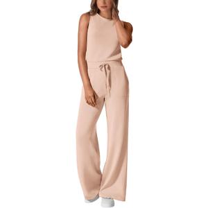 PRETTYGARDEN Jumpsuits for Women Casual 2026 Summer Sleeveless Wide Leg Pants Rompers One Piece Beach Vacation Spring Outfits (Beige, L)