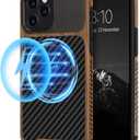 TENDLIN Magnetic Case Compatible with iPhone 12 Pro/iPhone 12 Wood Grain with Carbon Fiber Texture Design Leather Hybrid Slim Case (Compatible with MagSafe) Black
