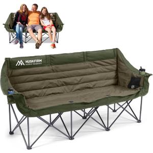 Huskfirm 3 Person Camping Chairs Folding Double Camping Chair Portable Oversized Loveseat Padded Camp Chair Heavy Duty Camping Couch for Adults Outdoor Lawn with Two Cup Holders and Carry Bag Green