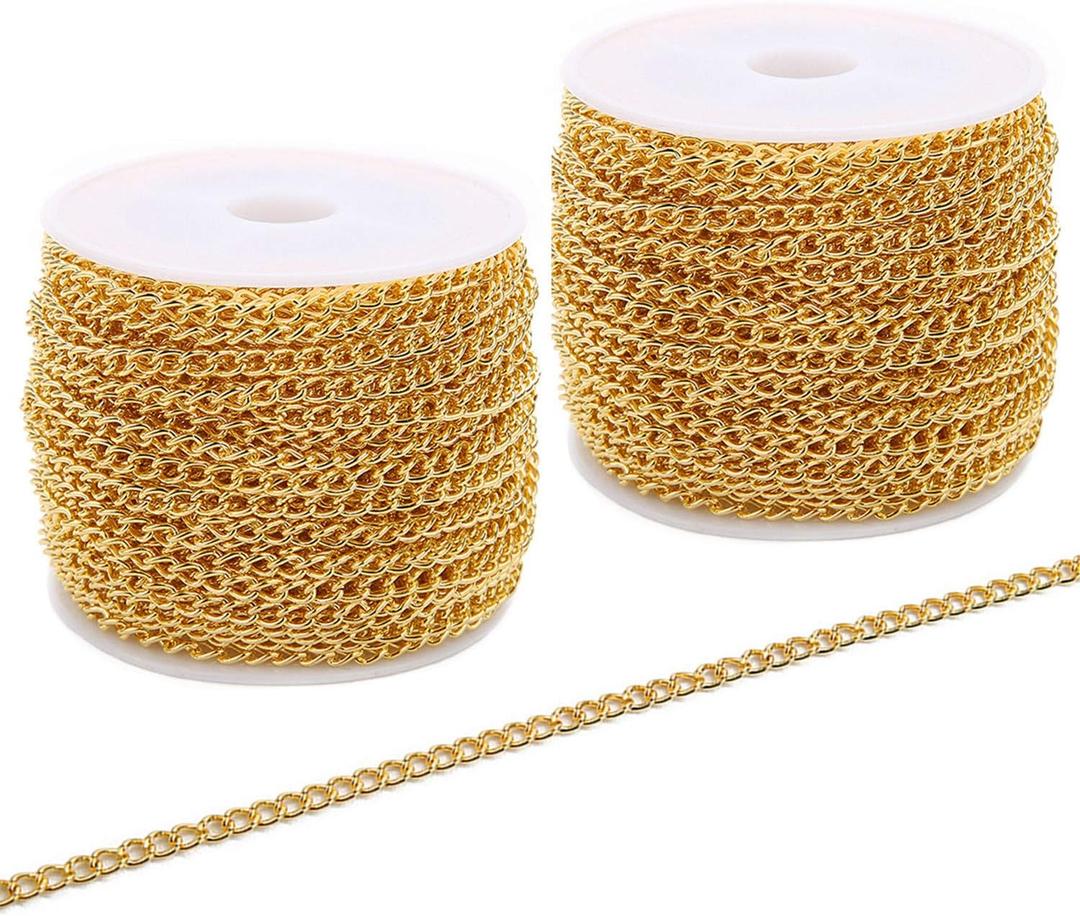 SWTOOL 60 Feets /20 Yards Metal Gold Link Chains, Iron Bulk Curb Chain for DIY Craft Jewelry Chain Making, 2 Rolls x 10 Yards (Gold)