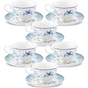 fanquare 5 Ounces Blue Rose Tea Cup Set of 6, Gold Trimmed Porcelain Coffee Cups for Party Home, Vintage British Afternoon Cup and Saucers