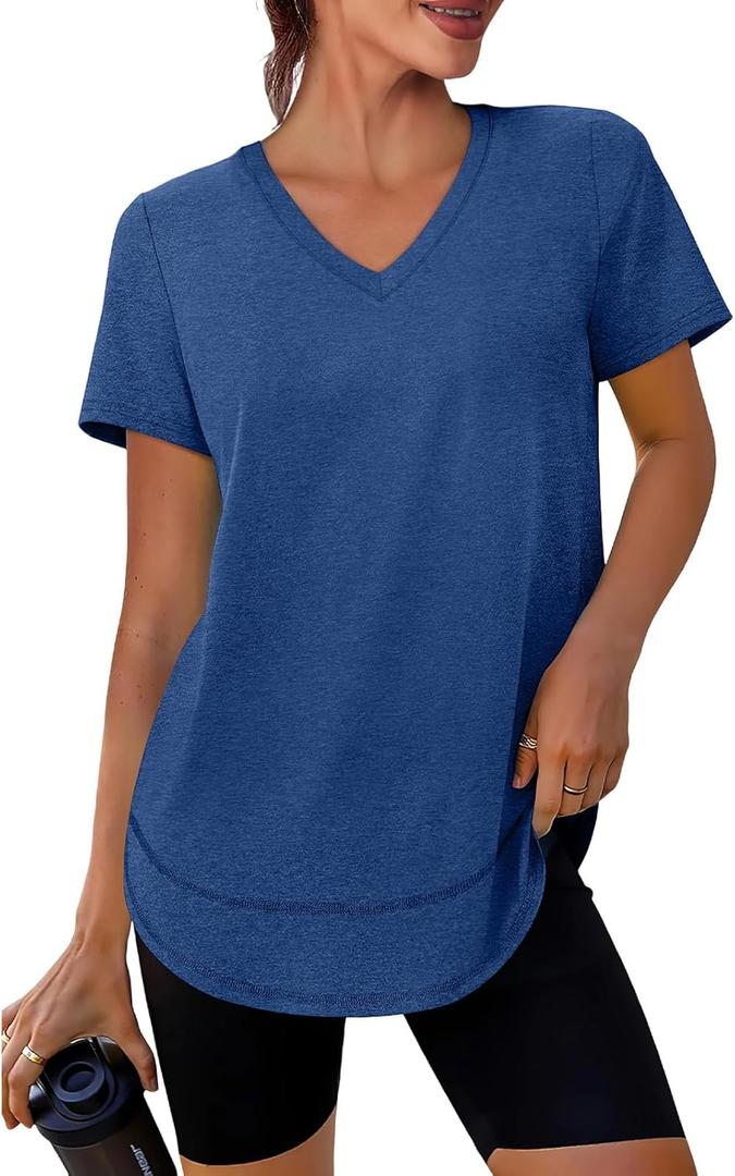 XIEERDUO Womens Workout Tops Short Sleeve Shirts Quick Dry Outfits for Hiking Running V Neck S-3XL (XX-Large, 07 Dark Blue)