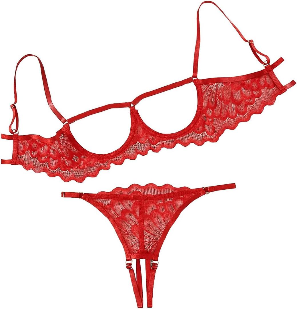 Lilosy Sexy Underwire Floral Lace Sheer Lingerie Set for Women See Through Bra and Panty 2 Piece (Medium, Red)