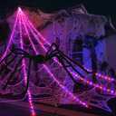 Spider Webs Halloween Decorations Outdoor 290 LED Halloween Spider Web Lights Decoration with 78.7" Large Spider & 3.53 oz Stretch Cobweb 23 Ft Giant Lighted Web with 8 Modes (Purple & Orange)