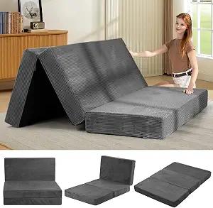 feliz home 6-Inch Tri-Folding Mattress Queen Size - Foldable Futon Sofa Bed with Removable Washable Cover, Folding Futon Mattress | Non-Slip Bottom & Carry Handles for Guest, Camping, Dorm