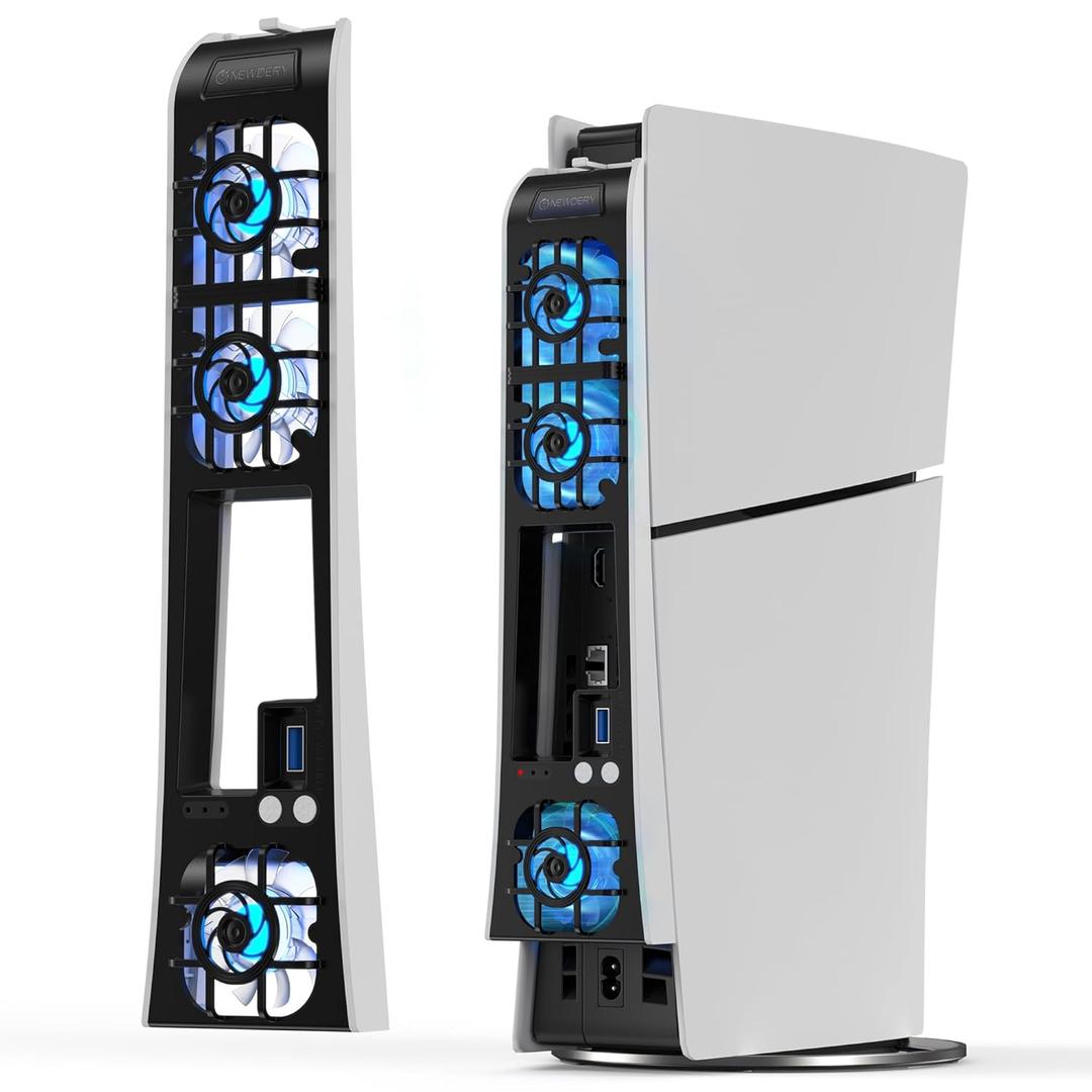 NEWDERY Cooling Fan for PS5 Slim, Upgraded 9-Blades & Larger Fan Quiet Cooler with Auto Speed, Extra USB3.0 Port & LED Light for PS5 Slim Only, Not for PS5 Pro/PS5, White