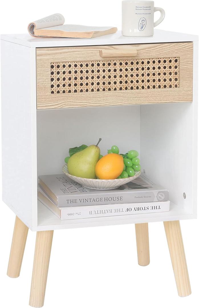 MaxSmeo White Rattan Nightstand, Modern Nightstand with Rattan Drawer, Modern Wooden Bedside Table with Solid Wood Legs for Bedroom, and Small Spaces (White)