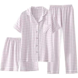 Womens Gingham Pajama Sets 3 Piece Cotton Short Sleeve Button Down Shirts and Pants Lounge Set Pjs Sleepwear (Purple, S)