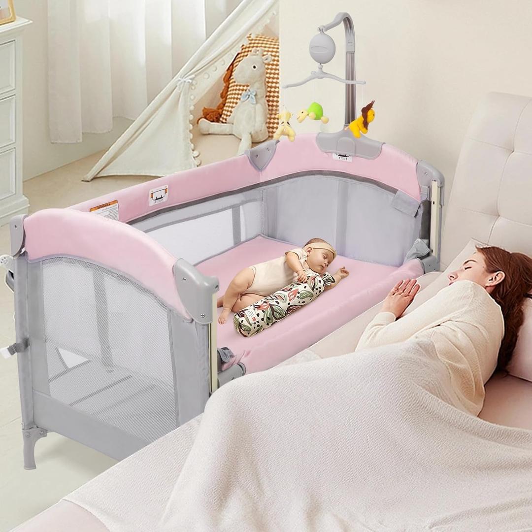 SIMPLGIRL 5-in-1 Baby Bassinet Bedside Crib, Pack and Play Long Next to Bed Crib with Toys & Music Box, Mattress, Foldable Playard, Playpen Travel Bed Nursery Center for Infant Newborn (Pink)