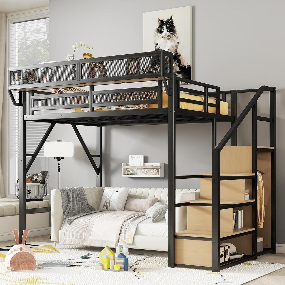 KEIKI Full Size Metal Loft Bed Frame with Convertible Staircase, Built-in Storage Shelves & Wardrobe, Loft Bed with Solid Slats & Guardrail, No Box Spring Required, Easy Assembly, for Bedroom, Black