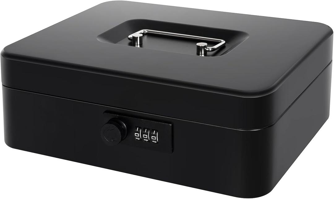 Cash Box with Money Tray and Combination Lock - Metal Money Box for Cash, Petty Cash Lock Box for Christmas Gift 9.84" x 7.87" x 3.54" Black (Large)