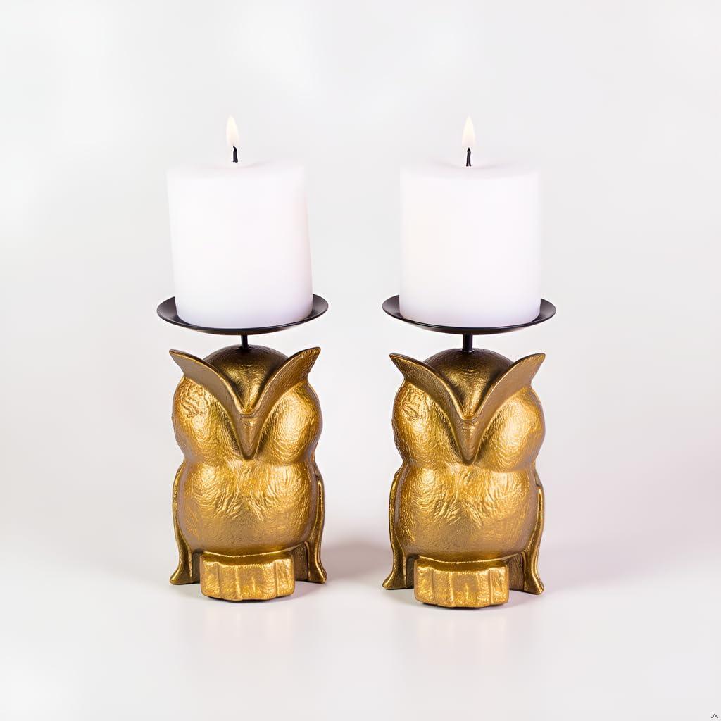 Gold Owl Candle Holder Set of 2  Decorative Taper & Small Pillar Candlestick Holders for Table Centerpieces, Shelf & Living Room Dcor