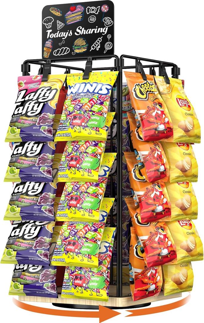 OFUSUY Chip Rack Display Stand, 5 Tiers 40 Clips Display Stand Easy Installation, 360Rotating Wooden Base Chip Bag Holder for Concession Stand, Snack Organizer for Christmas Party, Retail