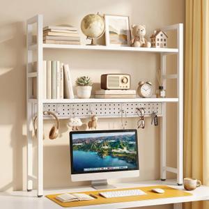 Brakki 2-Tier Desk Shelf, Desk Hutch Bookshelf with Pegboard and Hook Dorm, 30"x7.87"x34.25"