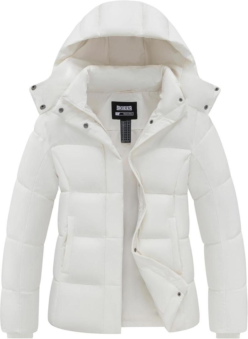 Skieer Women's Quilted Winter Coat Waterproof Ski Puffer Jacket Warm Parka with Detachable Hood (S, White)