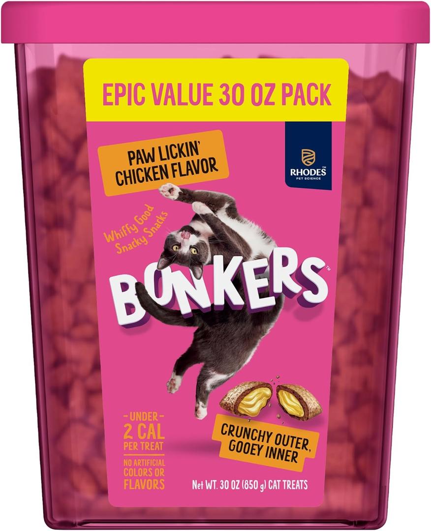 Bonkers Bites Paw Lickin Grain-Free Chicken Crunchy Cat Treats, 30 oz tub, EXP: May/09/2027