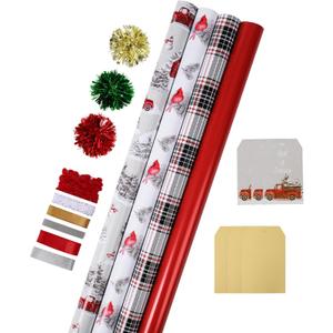 LaRibbons Christmas Wrapping Paper Sets, Classic Truck & Plaid & Cardinal Design with Ribbons & Gift Tags & Metallic Pom Pom for Christmas, Holiday, 30Inch  10Feet 4 Rolls: 100 Sq.Ft.Ttl