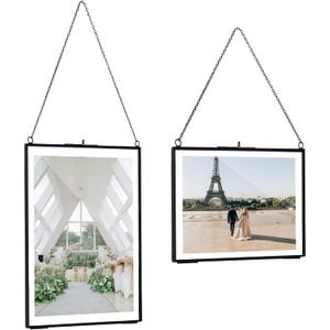 TLBTEK 2 pcs Black Hanging Photo Frame, 5x7 inch Double Glass Frame for Pressed Flowers,Clear DIY Vintage Artwork Display Frame Wall Mounted Photos Framehorizontal+vertical