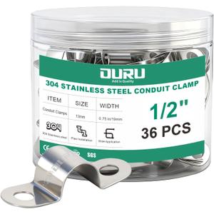 OURU 36pcs 1/2 Inch Conduit Clamp 304 Stainless Steel, Rigid Metal Pipe Clamp U Bracket, 2 Holes Pipe Strap for Automotive, Wire & Tube