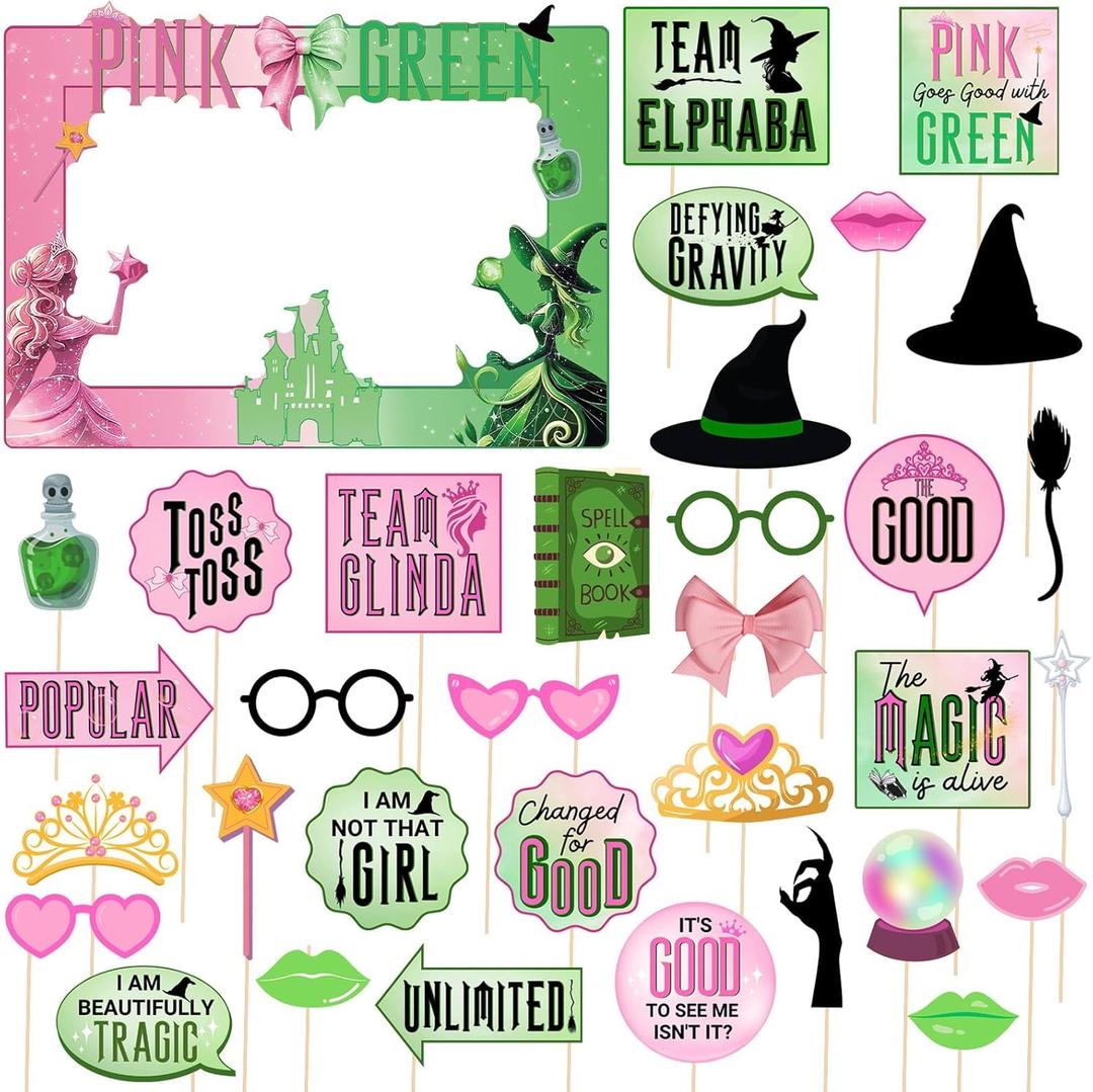 36 Pcs Pink and Green Witch Theme Photo Booth Props Set Birthday Party Decorations Photo Booth Frame Props Pink Goes Good with Green Party Supplies for Halloween Girls Princess Photography