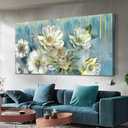 Ardemy Flowers Teal Wall Art Canvas Magnolia White Floral Picture Textured Painting Modern Turquoise Artwork Framed for Living Room Bathroom Bedroom Dining Room Home Office Wall Decor, Large 40"x20"