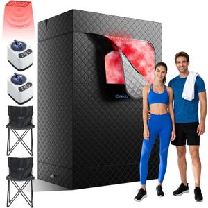 Upgraded 2 Person Infrared Sauna Box, 77x 37x 50 Portable Sauna with 660nm Red Light Therapy & 850nm,5-Layer Waterproof, 2 Steamers,2 Folding Chairs for Home Sauna