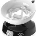 Y YHY Ceramic Cat Slow Feeder, Elevated Dog Food Bowl Tilted Design, Slow Feeder Bowl no Black Chin, Cat Shape for Dry and Wet Food (White)