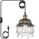 Hanging Light Grey Glass Swag Light with 14.7 Ft Plug-in Cord and On/Off Dimmer Switch, Modern Crystal Chandelier Plug in Pendant Light for Bedroom Kitchen Sink, 9.84 inches, 1-Pack