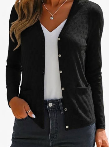 VIISHOW Long Sleeve Soft Cardigan for Women Trendy Casual Fall Textured Cardigans with Pockets (Black, XL)