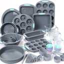 Tongjude 54 Pieces Silicone Baking Pans Set, 10 Silicone Cake Molds, Loaf Pan and Muffin Pans, Non-Stick Baking Cup, with Measuring Cups and Spoons Set, Grey