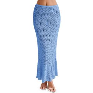 Saodimallsu Womens Crochet Cover Up Skirt High Waisted Sheer Knit Summer Swimsuit Coverup Beach Fishtail Maxi Skirts (Medium, Sky Blue)