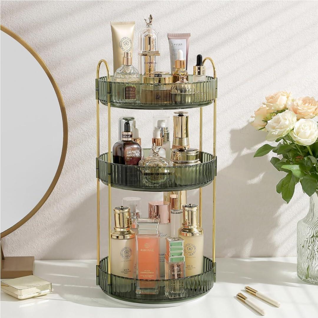 360 Rotating Makeup Organizer, 3 Tier Spinning Cosmetic Organizer for Vanity & Bathroom Countertop, Holds Tall Skincare Bottles, Perfume & Beauty Accessories  Clear Green