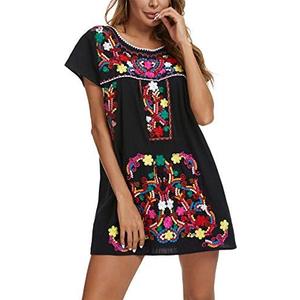 YZXDORWJ Women Mexican Embroidered Dress Short Sleeve, Small
